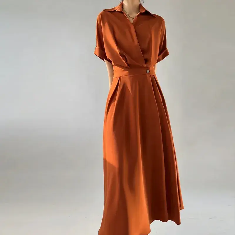 French Style Shirt Dress Women Summer Fashion High-End Long Skirt Slimming Elegant Ladylike Quality Material from Mainland China