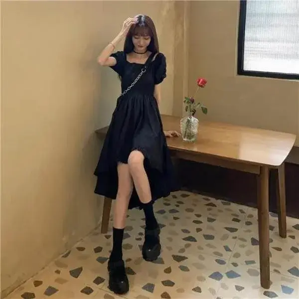 Nichea-line Black Dress Women's Summer French Vintage Slimming Elegant Short Skirt Long Dress Mixed Pattern