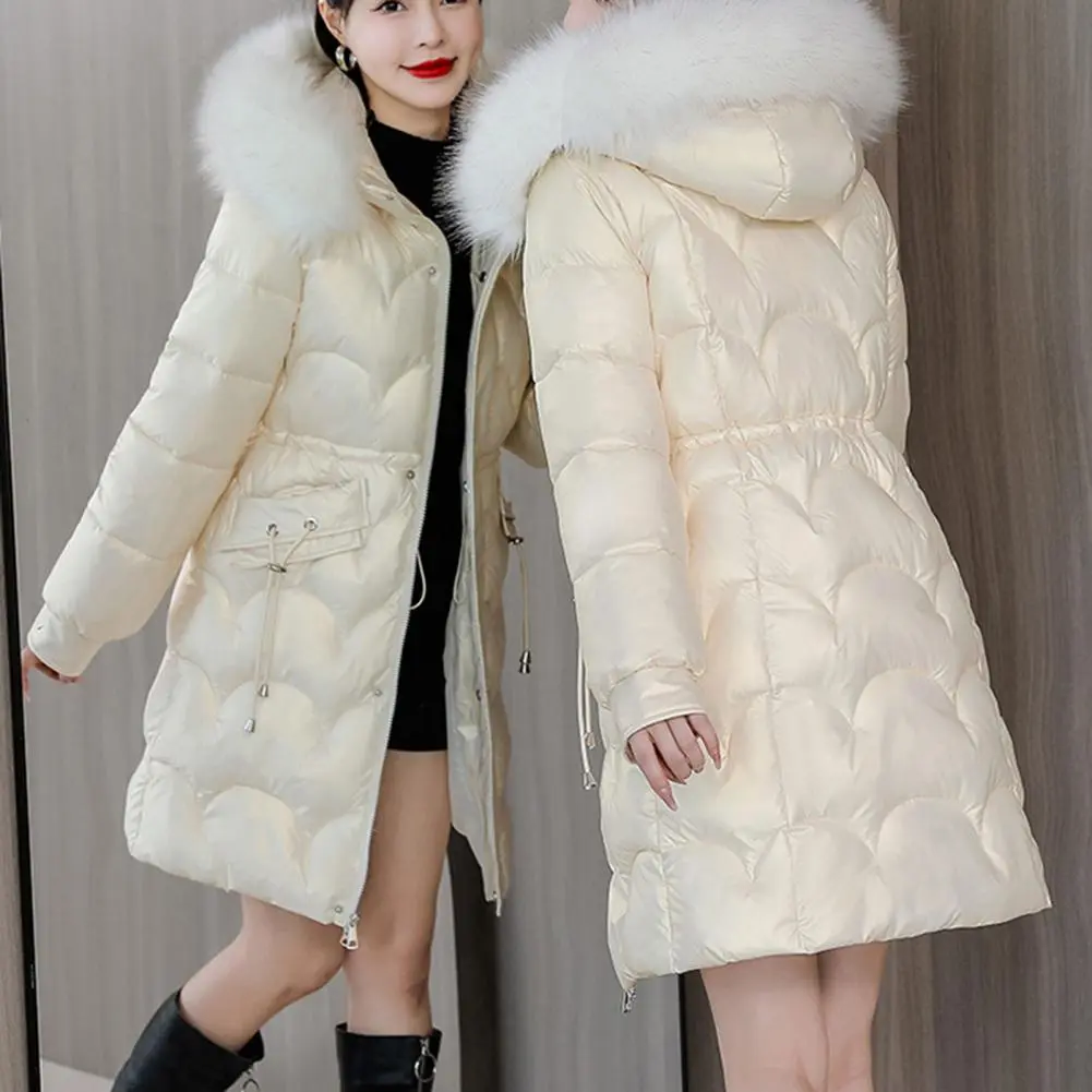Winter Women Coat Thickened Padded Faux Fur Long Sleeve Zipper Closure Cotton Lady Down Coat Slim Fit Mid Length Pockets Jacket