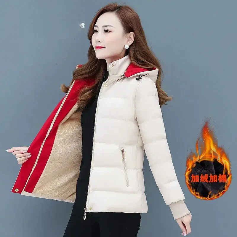 Winter Ladies Jacket New 2025 Add Velvet Add Cotton Down Cotton Clothes Women Coats Loose Removable Cap Warm Female Outerwear