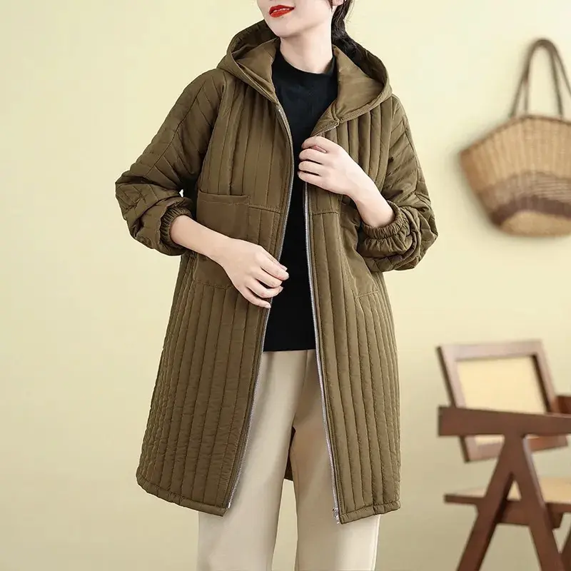 Autumn New Big Pocket Solid Color Padded Hooded Fashion Coat Plus Size Women's Joker Long Light Thin Cotton-Padded Coat