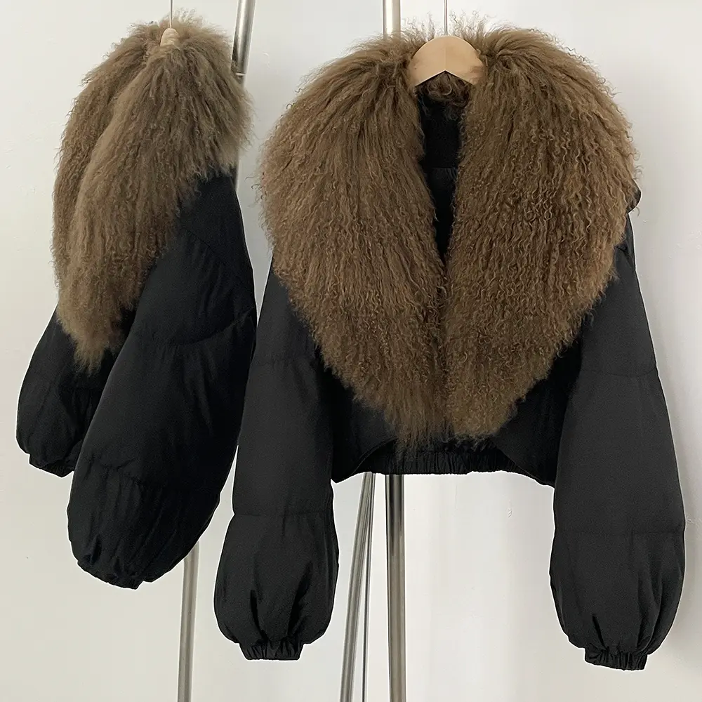 OFTBUY New Winter Clothing Women Real Mongolia Sheep Fur Coat Fahsion Short Long Slevee Puffer Jacket Real Fur Goose Down Parkas