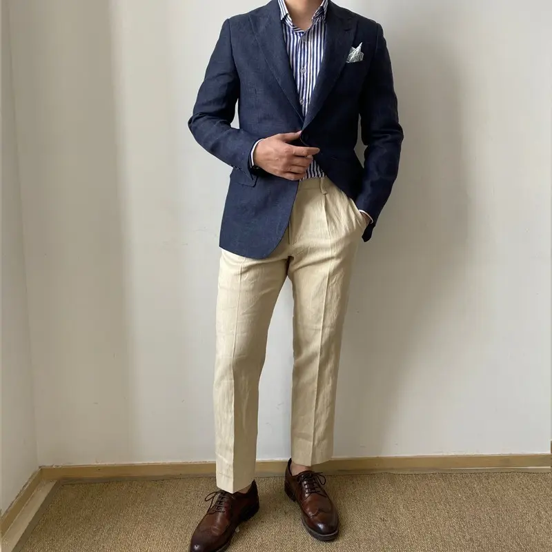 Plus-Size Men's Navy Linen Suit, British Gentleman Style, Versatile Slim-Fit Men's Suit Jacket, Trendy Casual Business Attire