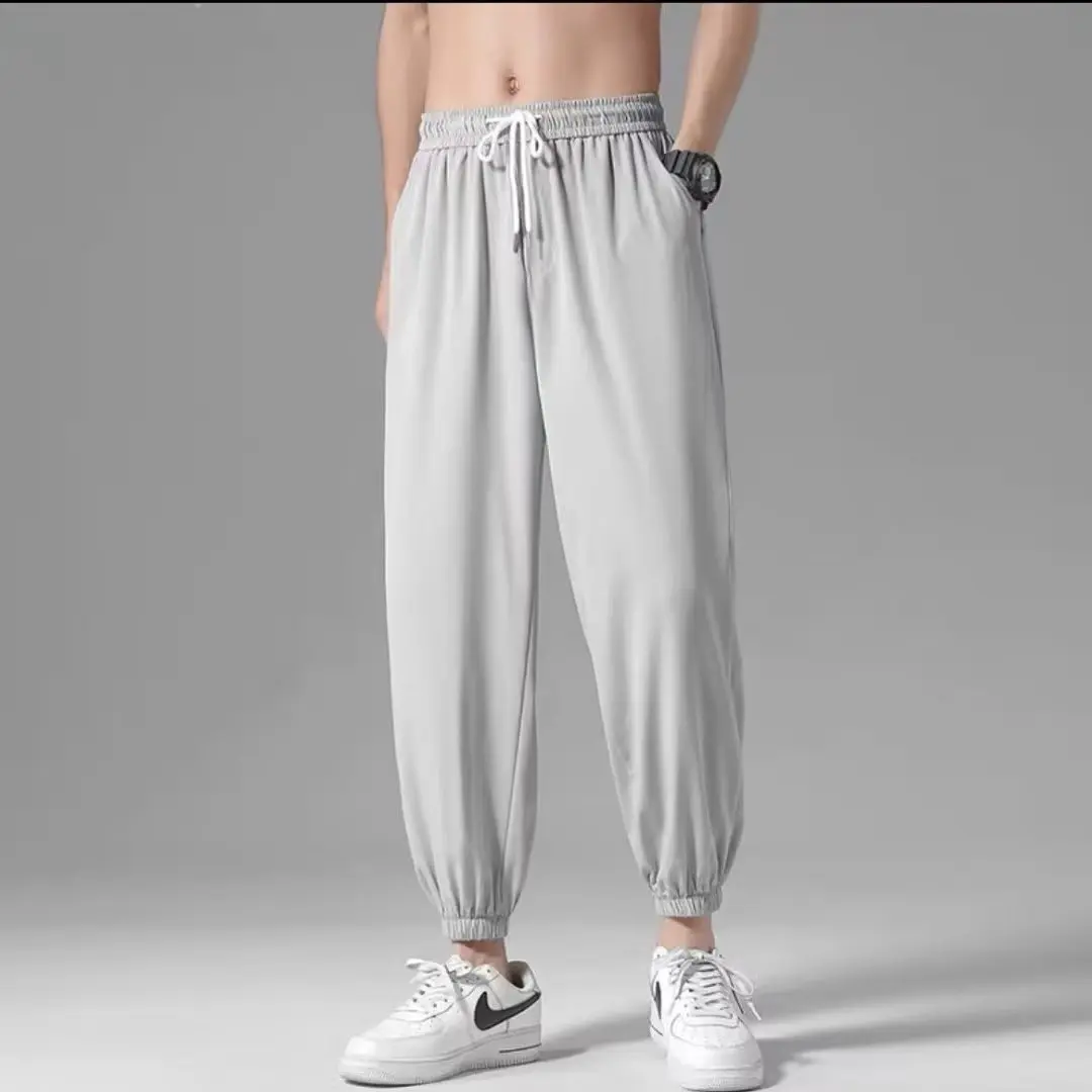 Men's Summer Thin Ice Silk Student Solid Color Straight Tube Loose Wide Leg Bundle Foot Casual Nine Point Pants Sports Men's Pan