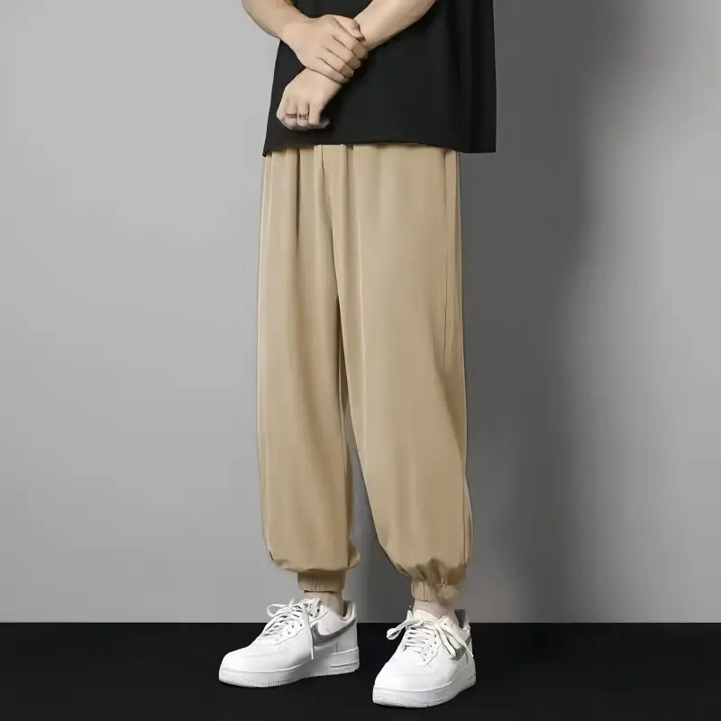 Men's Summer Thin Ice Silk Student Solid Color Straight Tube Loose Wide Leg Bundle Foot Casual Nine Point Pants Sports Men's Pan