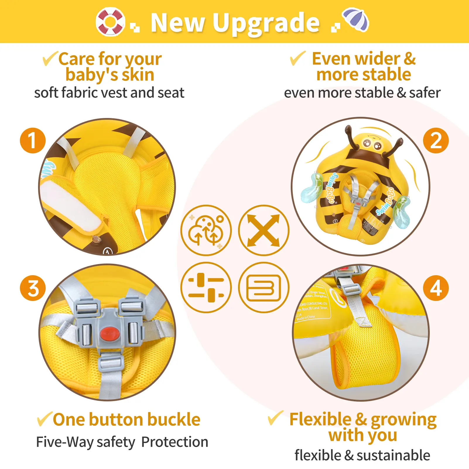 Swimbobo New Upgrades Yellow Bee Mesh Safety Soft Seat Pocket Baby Inflatable Swimming Floating Kids Ring Circle Fun Summer Toys