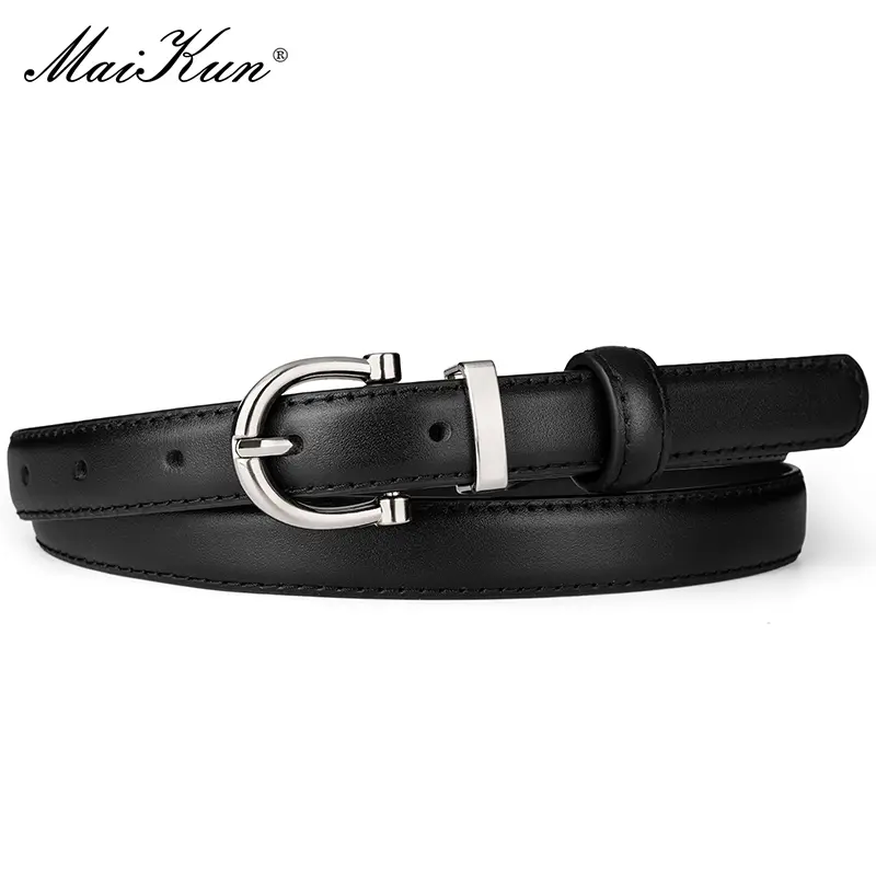 Maikun Genuine Leather Women's Belt  Silver Alloy Pin Buckle Black belts Fashion Classic Thin Waistband