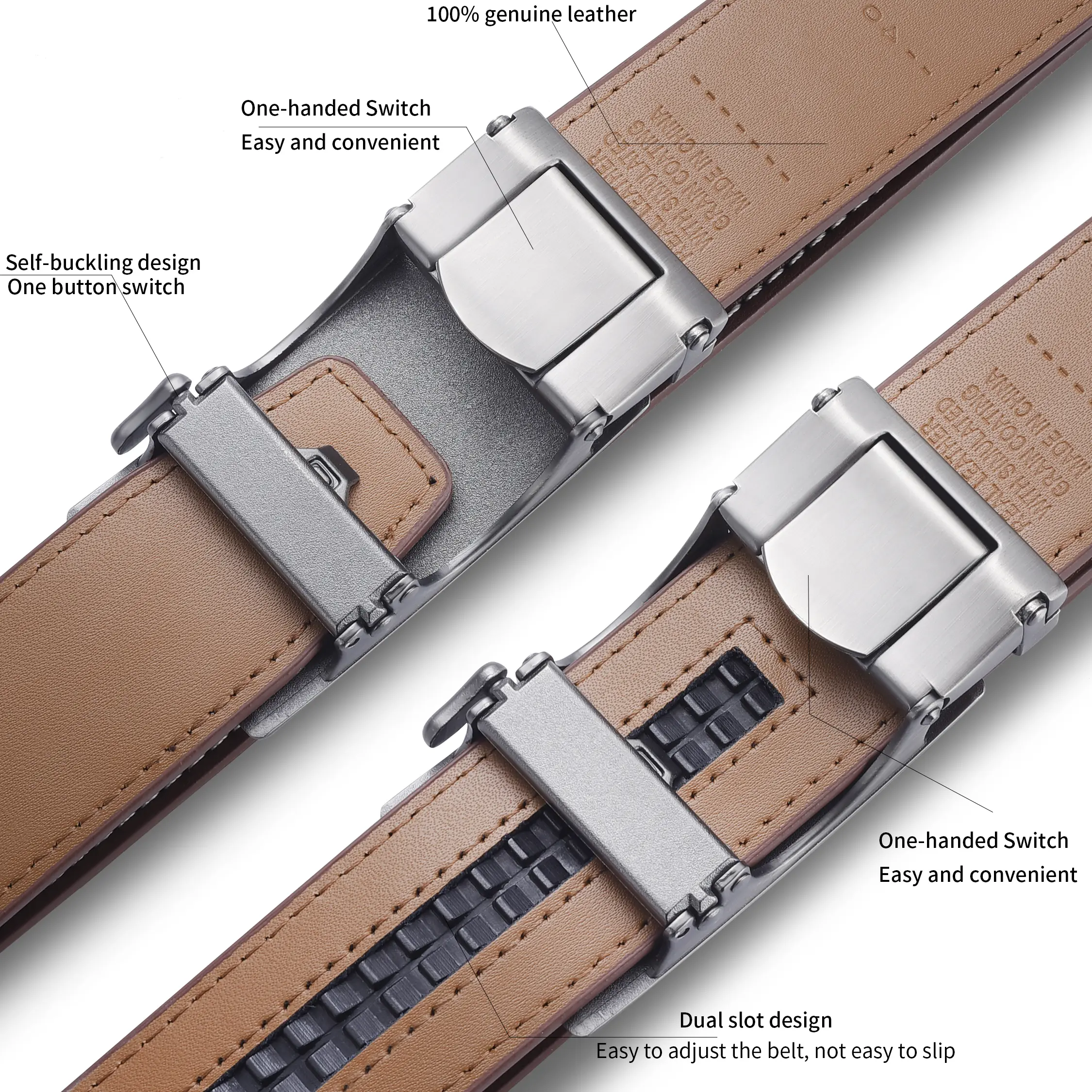 Men's cowhide belt, business casual smooth belt, coffee brown genuine leather automatic blue middle-aged pants belt