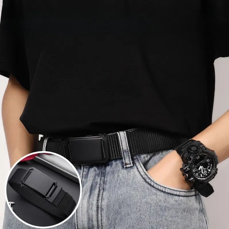 Men's casual nylon automatic buckle belt - black, durable fabric with square iron buckle ring, simple design suitable for daily