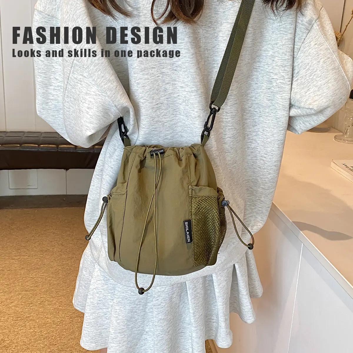 K-Style Niche Nylon Bag for Women 2025 Lightweight and Versatile Ins Crossbody Bag Drawstring Bucket Mobile Phone Bag