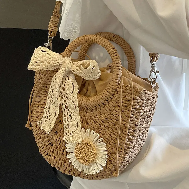 Handwoven Straw Rattan Half-Moon Beach Handbag Small Women Summer Hollow Out Crossbody Shoulder Bag