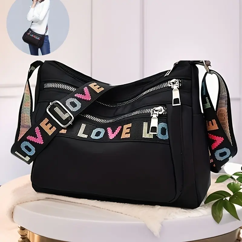 Fashion Letter Pattern Crossbody Bag, Casual Large Capacity Zipper Shoulder Bag, Trendy Oxford Messenger Bag for Women & Girls