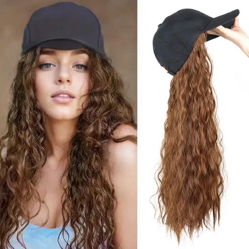 24Inch Synthetic Long Kinky Curly Wigs Baseball Cap Hat Adjustable One-piece Wigs for Women