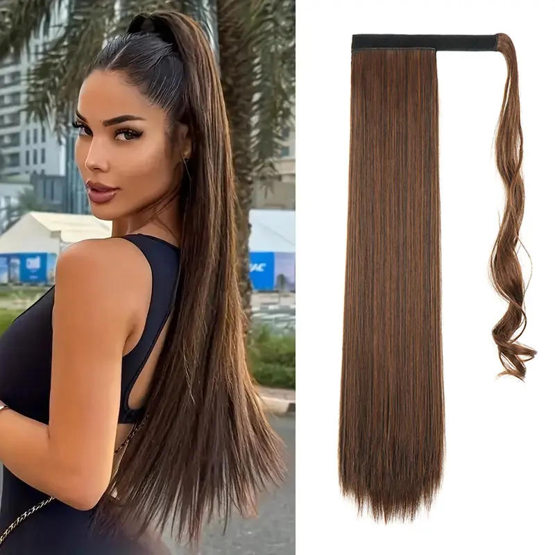 Synthetic Hair Accessories Long Straight Ponytail Wrap Around Clip in Hair Extension Black Brown Hairpiece for Women