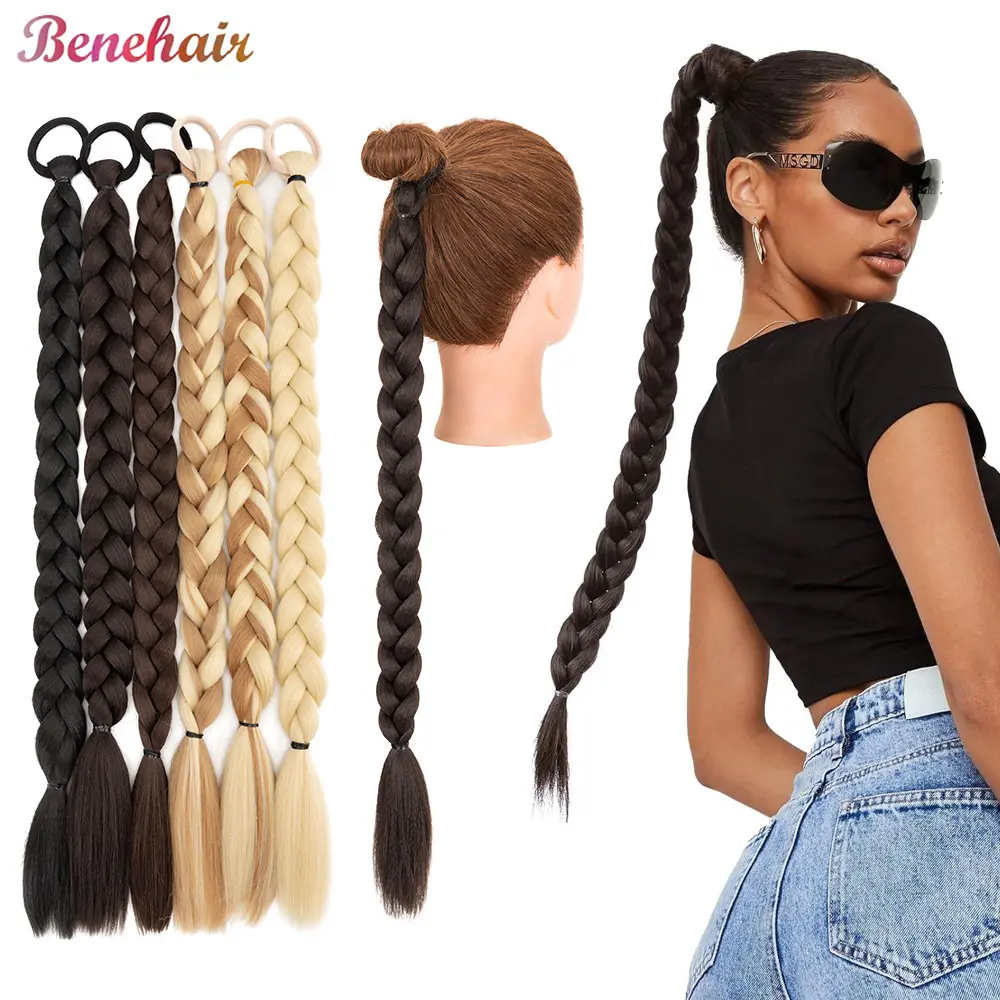 Benehair 24inch Long Braid Ponytail Extension with Elastic Tie Braid Hair Natural Soft Synthetic Hairpieces for Women Daily Wear