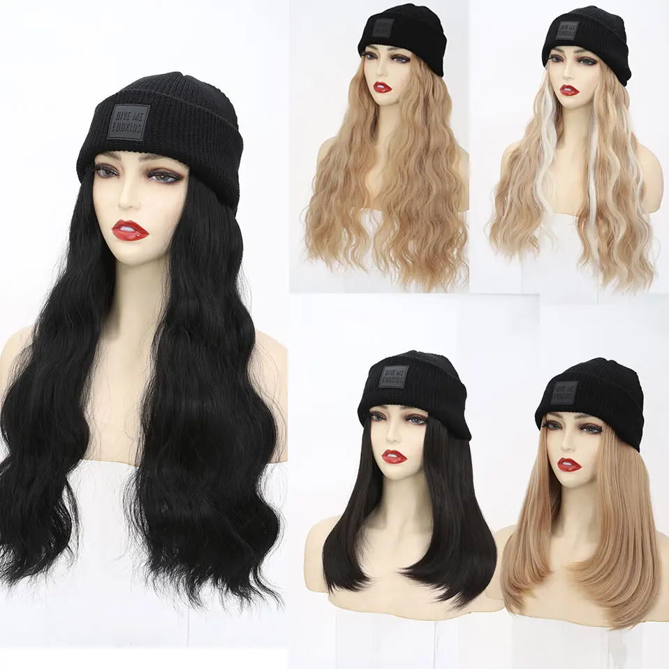 Hat Wig Knitted Beanie Wig Hat Hair Extension 11''18'' Long Wavy Curly Black Hat Wig Synthetic Hairpiece for Women Girls Winter