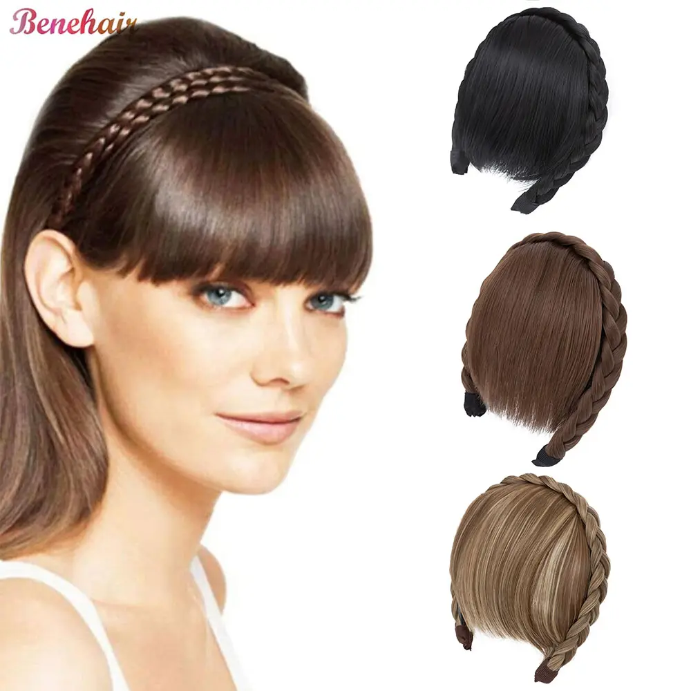 Benehair Braid Headband Synthetic Hair Fringe Headband with Bangs Hairpieces Instant Hair Bangs for Daily Wear Women Girls
