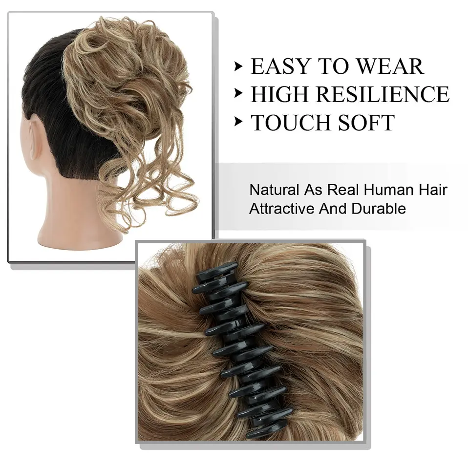 Synthetic Messy Bun Hair Piece Claw Clip Curly Wavy Hair Bun Tousled Updo Hair Extensions Scrunchie Long Beard Chignon for Women
