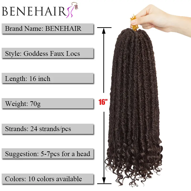 BENEHAIR Goddess Faux Locs Crochet Hair 24 Strands Crochet Braiding Synthetic Hair Afro Braids Hair Extension Curly Ends Ombre