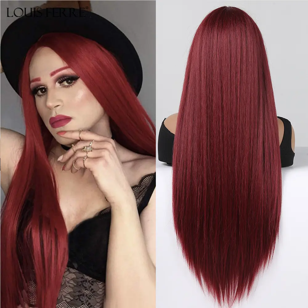 Wine Red Straight Synthetic Wigs for Women Long Straight 13*4*1 Lace Front Wigs Middle Part Burgundy Red Hair Heat Resistant Wig
