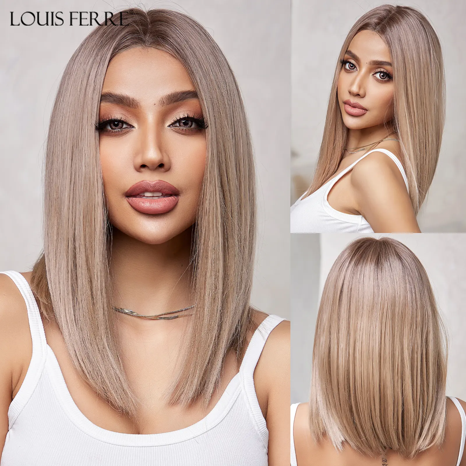 LOUIS FERRE 13*1 Lace Front Brown Synthetic Wigs Short Ombre Blonde Brown Straight Wig Natural Fluffy Daily Heat Resistant Fibre