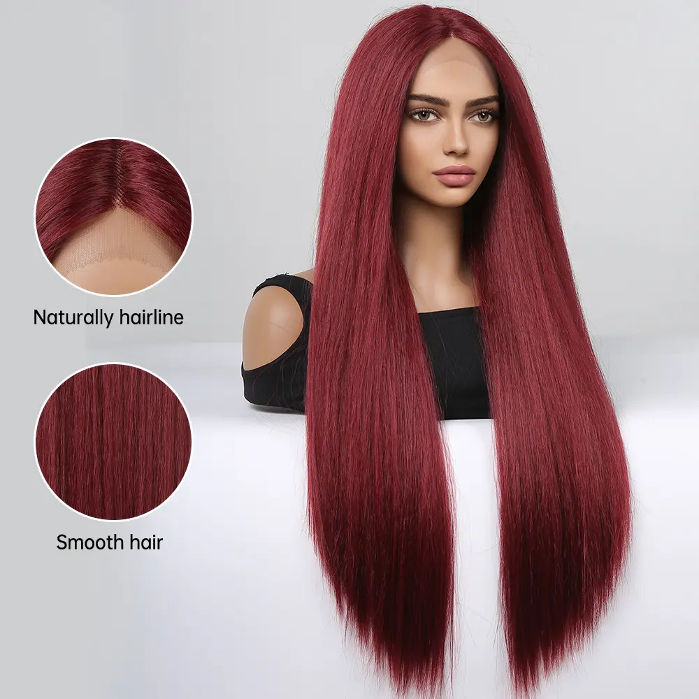 Wine Red Straight Synthetic Wigs for Women Long Straight 13*4*1 Lace Front Wigs Middle Part Burgundy Red Hair Heat Resistant Wig