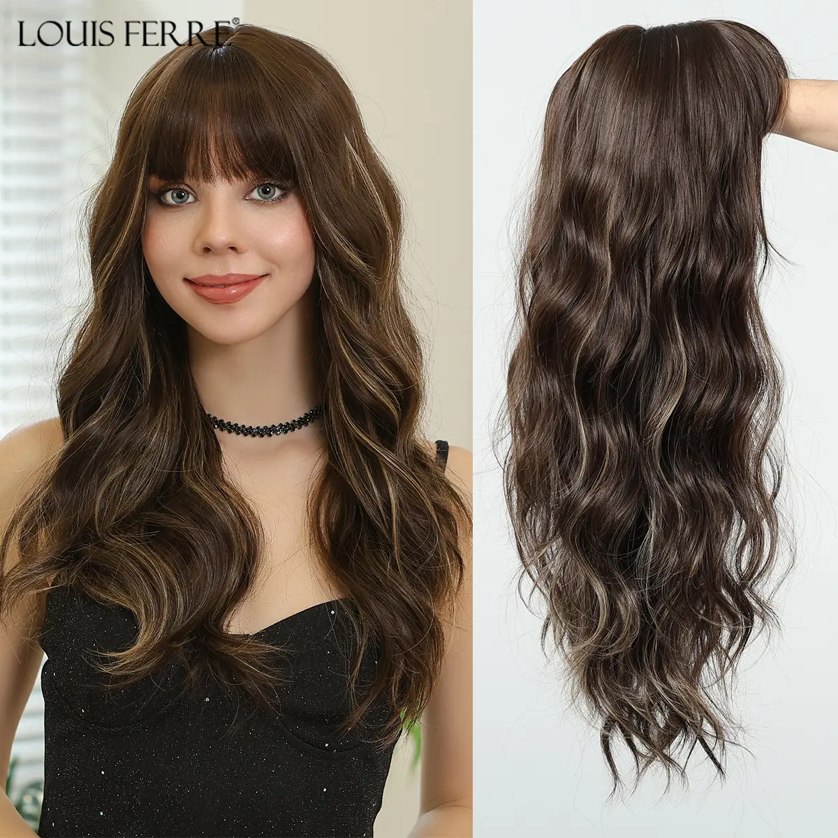 Brown Wigs With Bangs Long Wavy Wigs For Women Blonde Highlights Long Curly Wavy Wig Synthetic Hair Wigs For Girls Daily Party