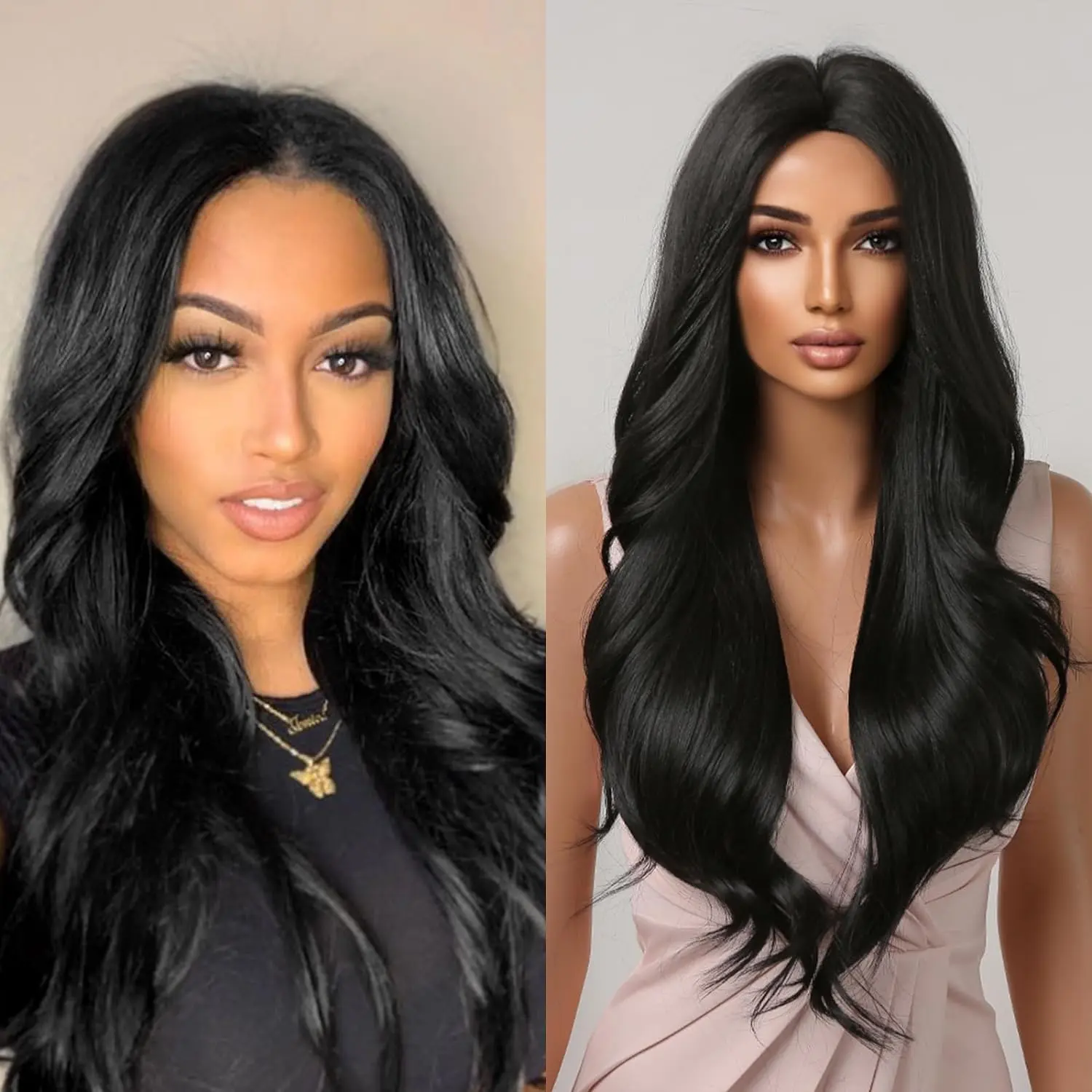 Long Black Wavy Synthetic Wigs for Women Curly Middle Part Wig Natural Looking Heat Resistant Fibre for Daily Party