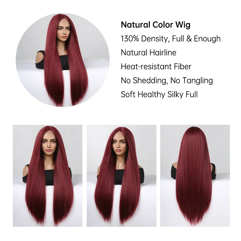 Wine Red Straight Synthetic Wigs for Women Long Straight 13*4*1 Lace Front Wigs Middle Part Burgundy Red Hair Heat Resistant Wig