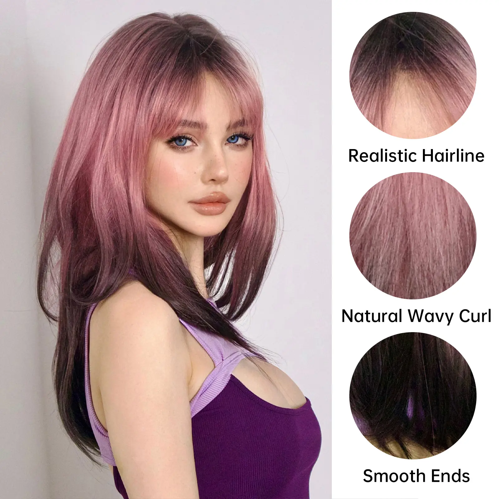 LOUIS FERRE Black Pink Ombre Synthetic Wigs for Cosplay Long Straight Layered Wigs with Bangs for Women Heat Resistant Fake Hair