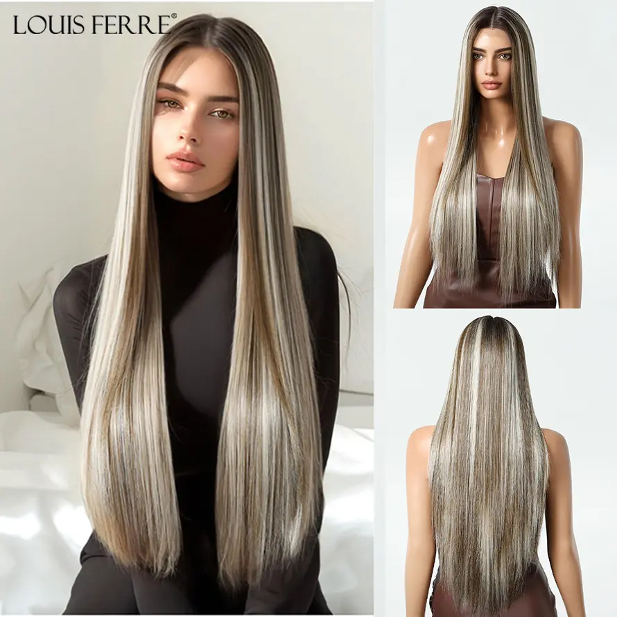 LOUIS FERRE 13*6 Lace Front Synthetic Wigs for Women Long Straight Brown With Platinum Highlights Wigs Free Parting Natural Hair
