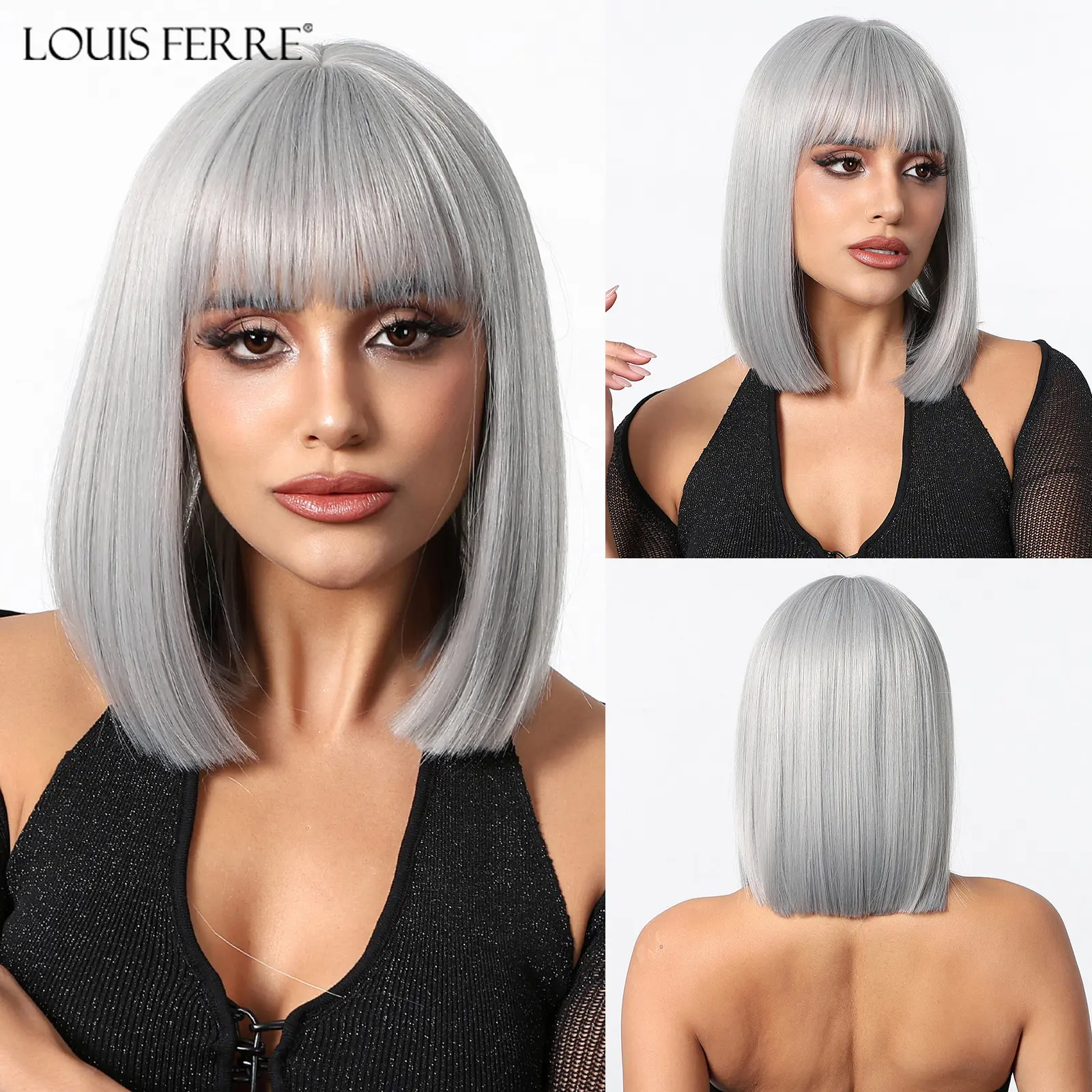 Silver Grey Synthetic Wigs For White Women Cosplay Daily Use Short Straight Bob Wig Natural Hair With Bangs Heat Resistant