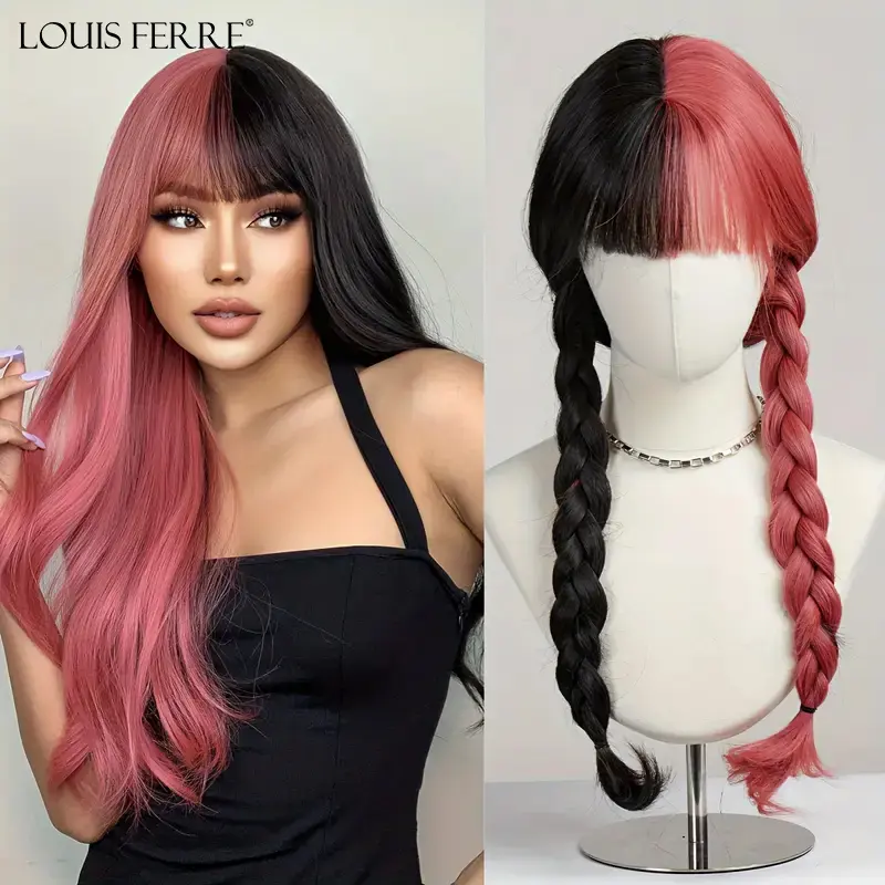 LOUIS FERRE Long Wavy Cosplay Hair Synthetic Wigs for Women Black And Pink Wigs With Bangs Halloween Party Natural Fake Hair