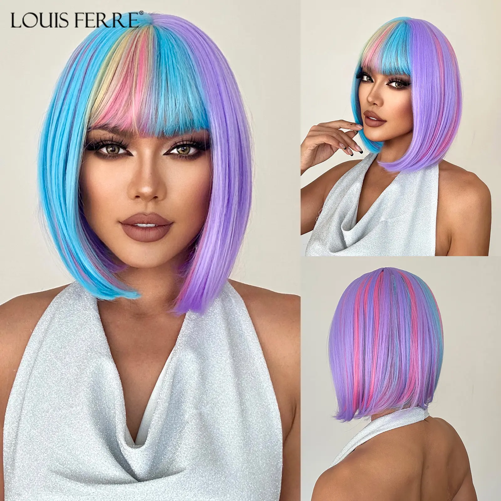 Short Straight Bob Wig With Bangs For Women Rainbow Colorful Synthetic Hair Wig For Christmas Cosplay Natural Heat Resistant Wig