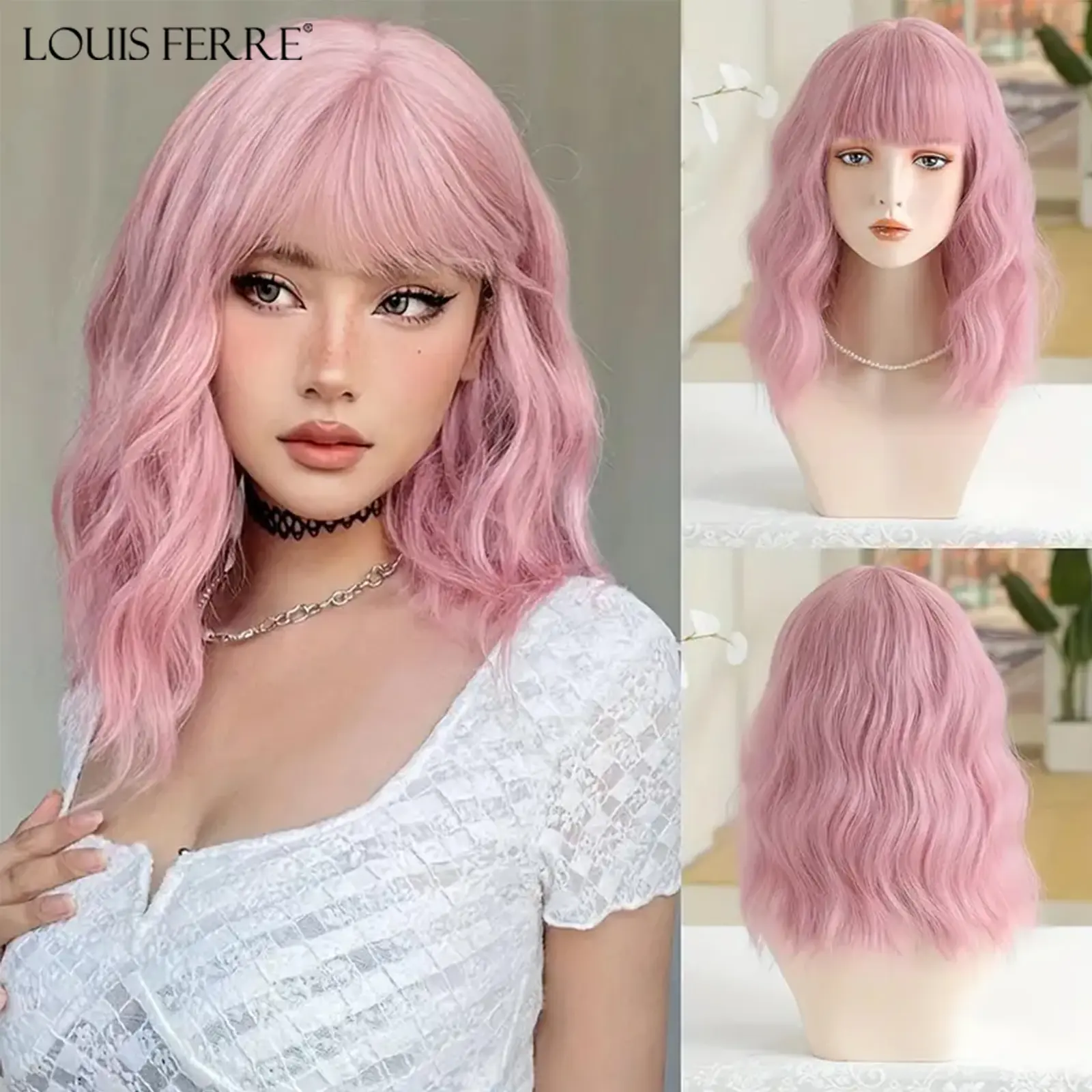 Short Wavy Bobo Synthetic Wigs for Women Pink Cosplay Hair Wigs With Bangs Colorful Hair Daily Lolita Heat Resistant Fiber Wig