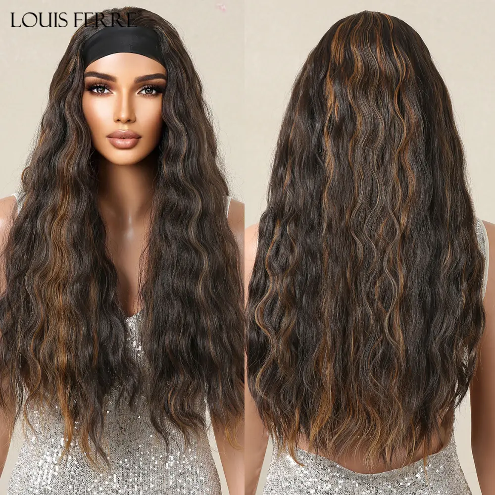 LOUIS FERRE Dark Brown Headband Wigs For Women Daily Party Cosplay Long Curly Synthetic Fibre Wig Natural Heat Resistant Hair