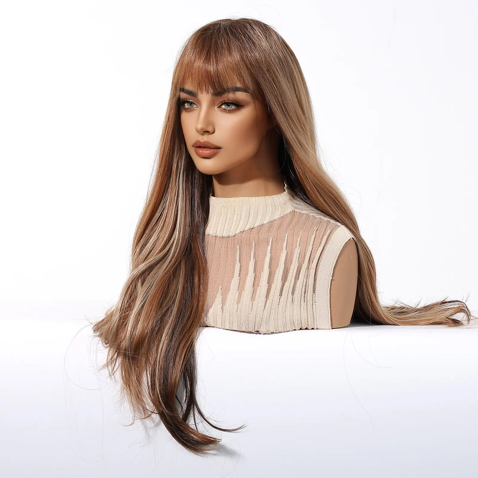Brown Highlights Wig Long Natural Body Wavy Wigs With Bangs Brown Mixed Blonde Wigs For Women Cosplay Synthetic Heat Resistant