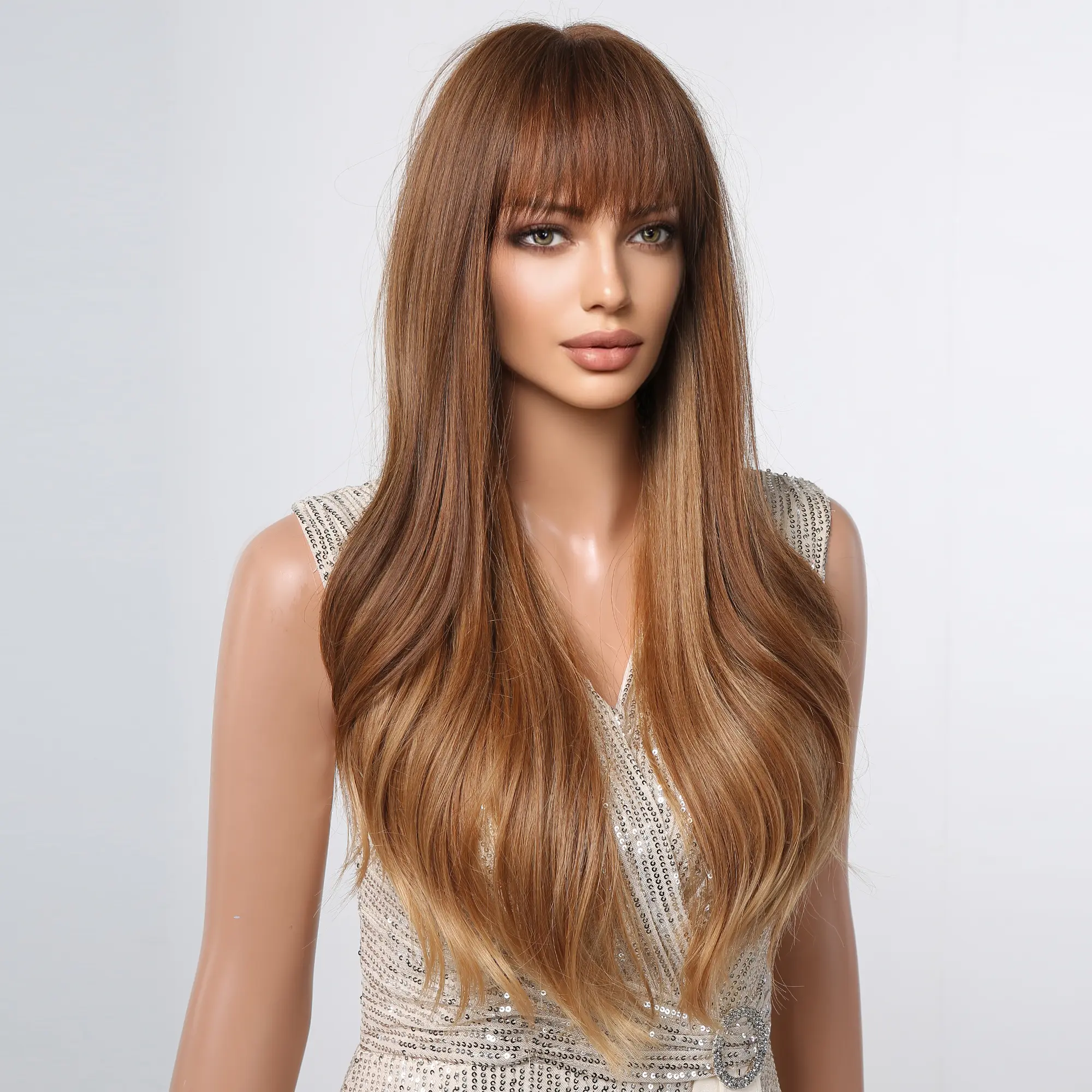 Brown Blonde Wavy Synthetic Wigs for Black Women Long Natural Wave Brown Hair Cosplay Wigs With Bangs Heat Resistant Daily Party