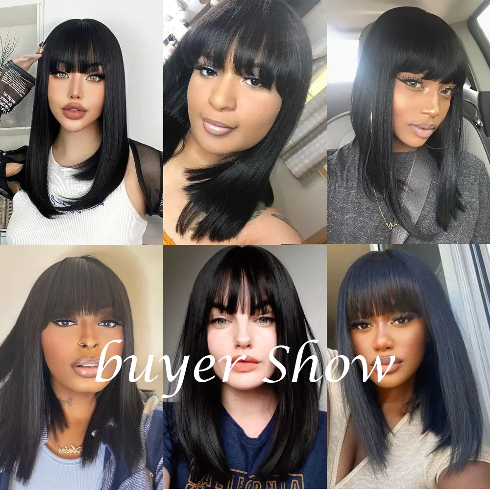 LOUIS FERRE Medium Length Straight Wigs With Bangs For Women Daily Party Natural Black Synthetic Bob Wigs Heat Resistant Fibre