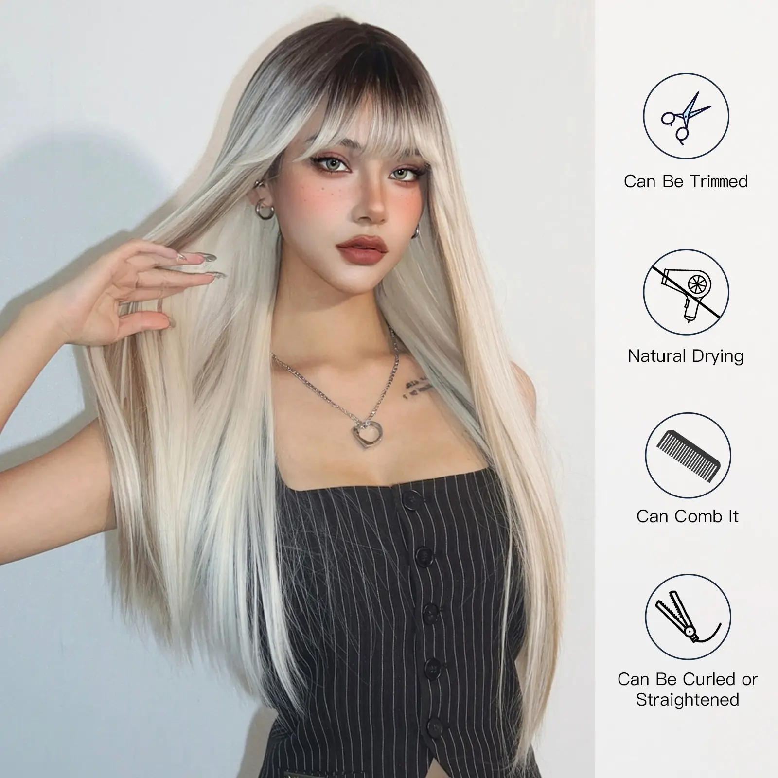 Long Straight Platinum Wigs with Bangs Brown Blonde Ombre Hair Syntehtic Wigs for Women Heat Resistant Fiber Wig for Daily