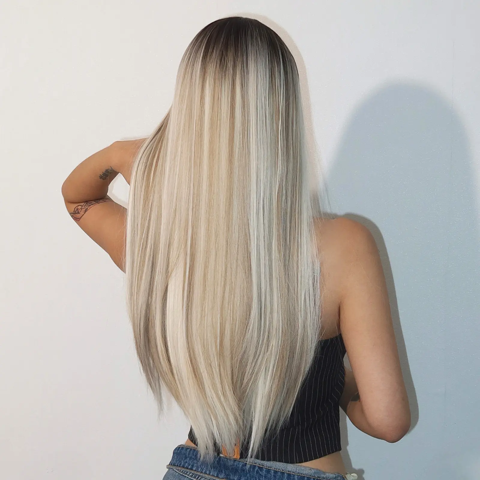 Long Straight Platinum Wigs with Bangs Brown Blonde Ombre Hair Syntehtic Wigs for Women Heat Resistant Fiber Wig for Daily