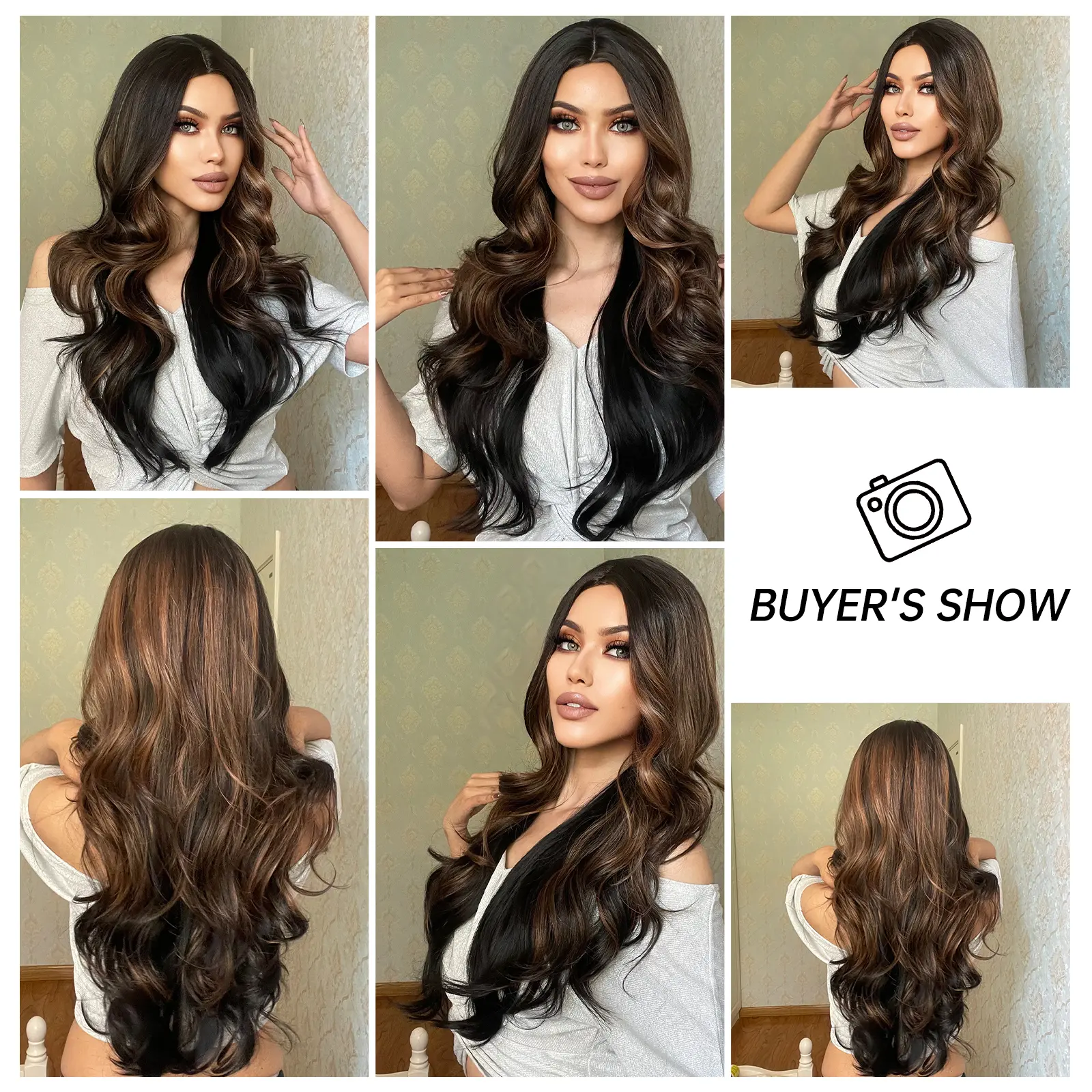 Synthetic Long Wavy Curly Wig For Women Natural Fake Hair Brown Black Highlights Wig For Daily Party Use Heat Resistant Fiber