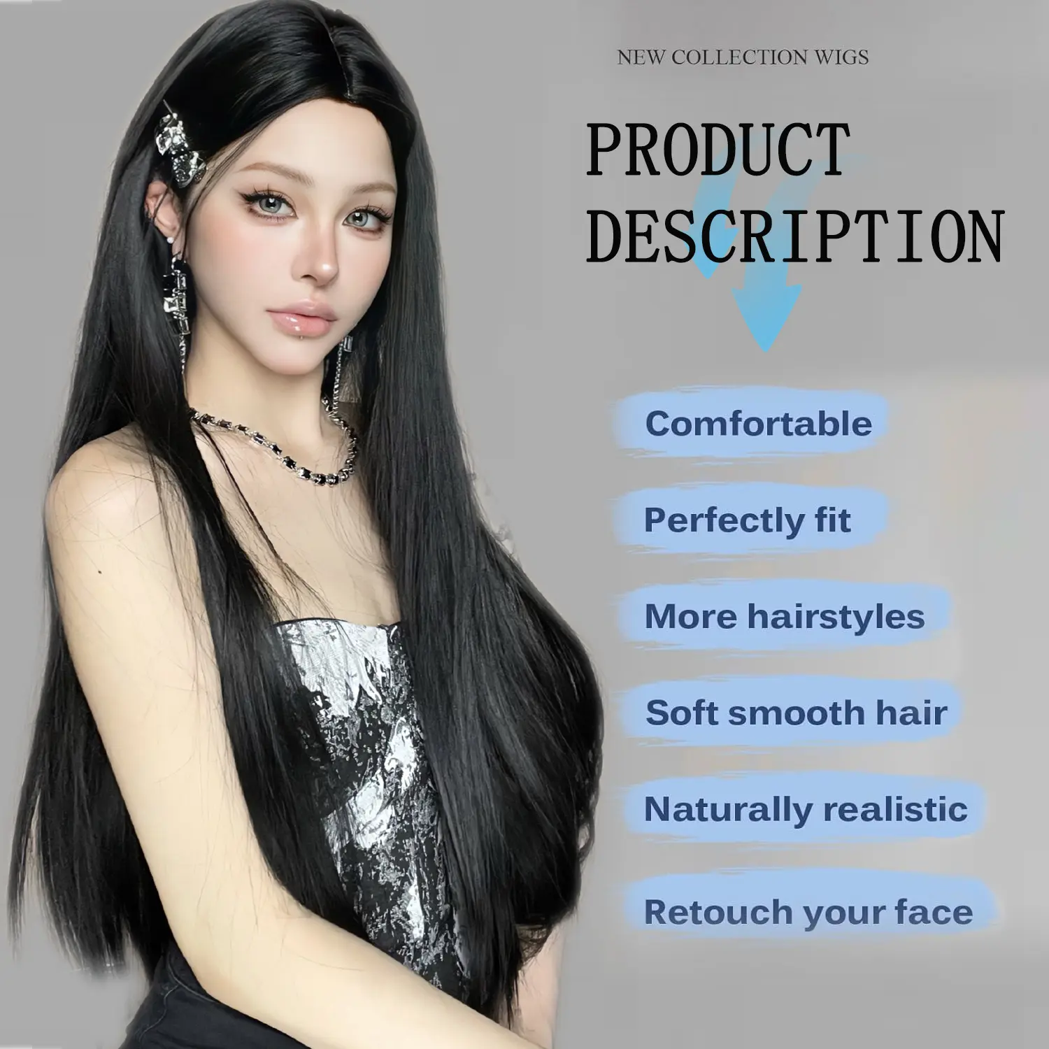 LOUIS FERRE Black Middle Part Synthetic Wigs for Women Long Straight Black Hair Female Wigs for Daily Use Heat Resistant Wigs