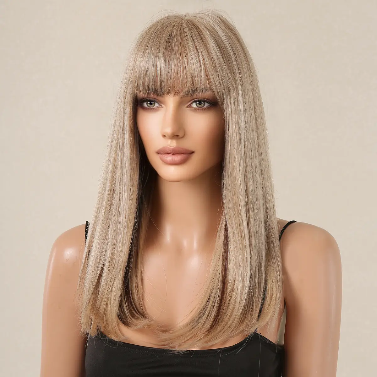 LOUIS FERRE Ash Blonde Natural Synthetic Wigs Medium Straight Hair Wig With Bangs For Women Daily Party Use Heat Resistant Fiber