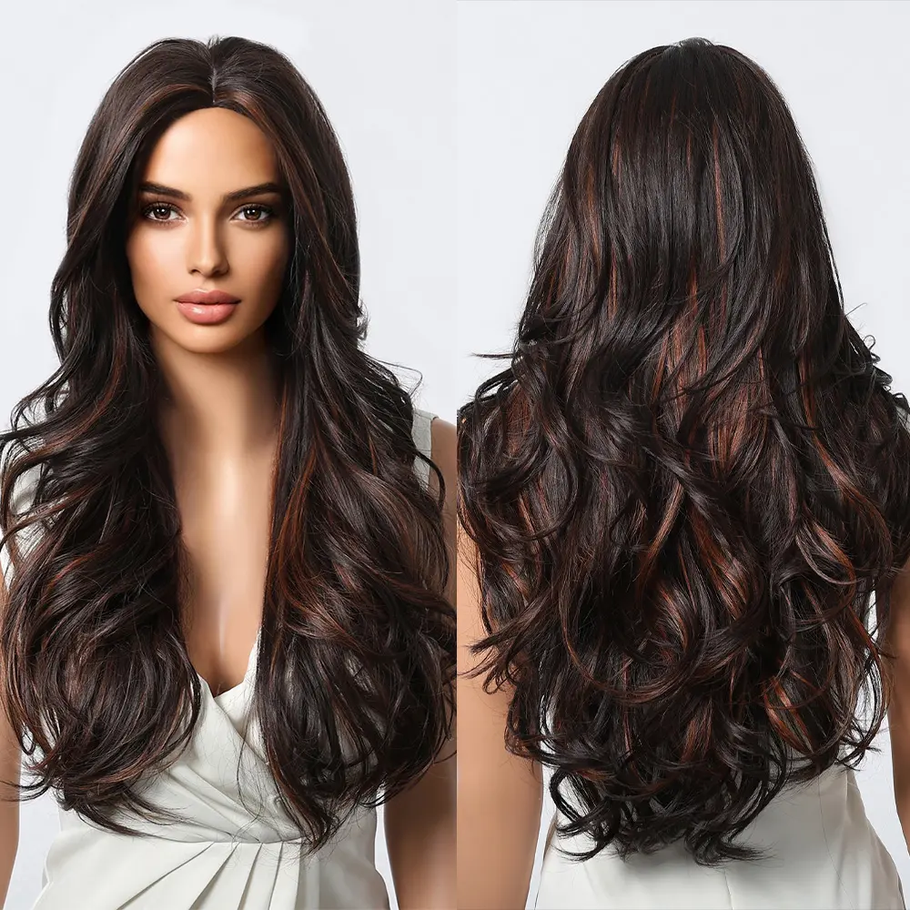 Brown Synthetic Wig With Ginger Copper Highlights For Women Natural Long Curly Hair Daily Party Cosplay Wig Heat Resistant Fiber
