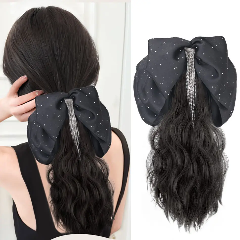 Synthetic Tassel Bow Claw Clip Ponytail For Women 16Inch Claw Curly Ponytail Hair Extensions With Tassel Bowknot Grip Hairpiece