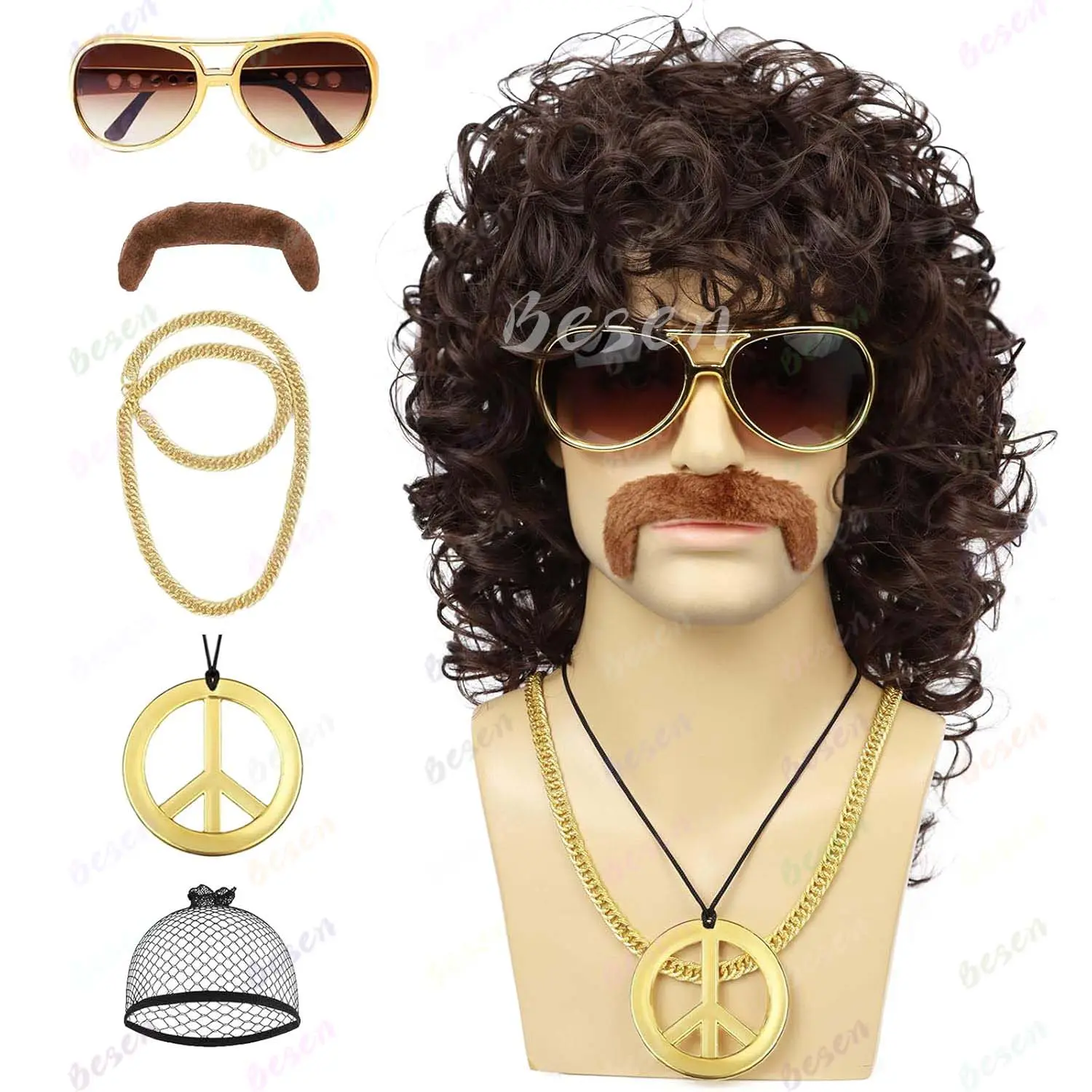 Synthetic Mens Wig Glasses Necklace Mustache Mullet Wig Long Jerry Curly Wigs for 70s Disco Party Cosplay Use(Black,Brown Wig)
