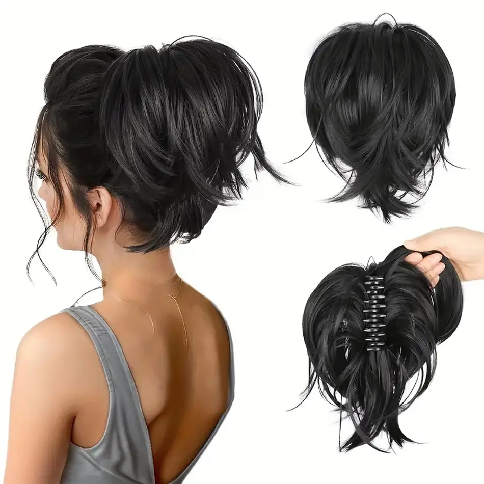 Black Short Claw Clip Synthetic Ponytail Hair Extensions Bendable Messy Bun Hair Piece Wavy Curly Synthetic Hairpieces For Lady