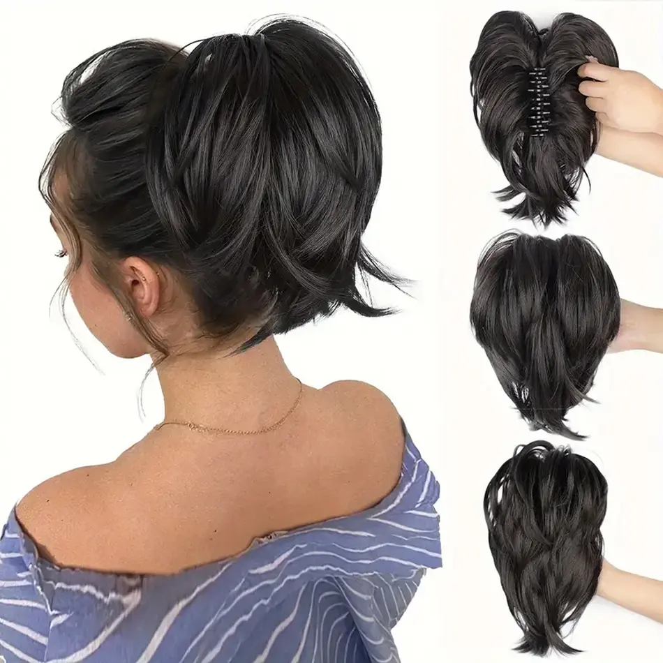 Black Short Claw Clip Synthetic Ponytail Hair Extensions Bendable Messy Bun Hair Piece Wavy Curly Synthetic Hairpieces For Lady