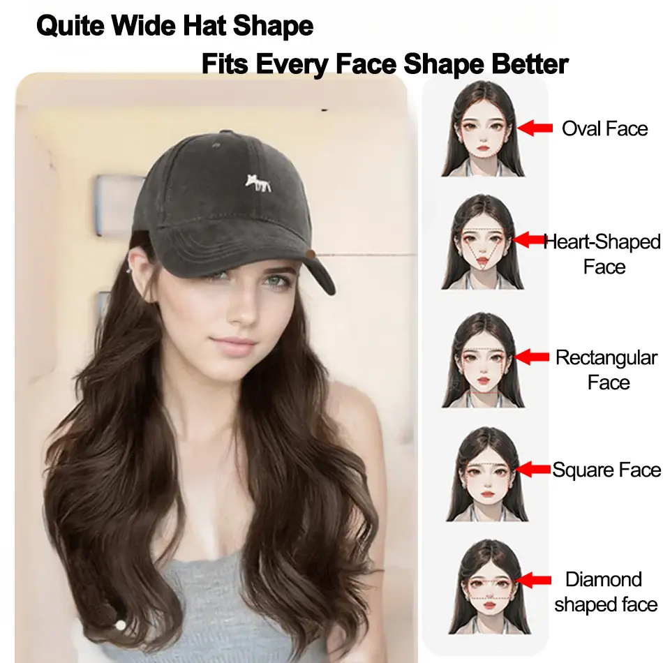 18' All-In-One Wavy Baseball Hat Wig With Cartoon Fox Embroidery Body Wave Synthetic Hair Wig With Adjustable Hat For Daily Use